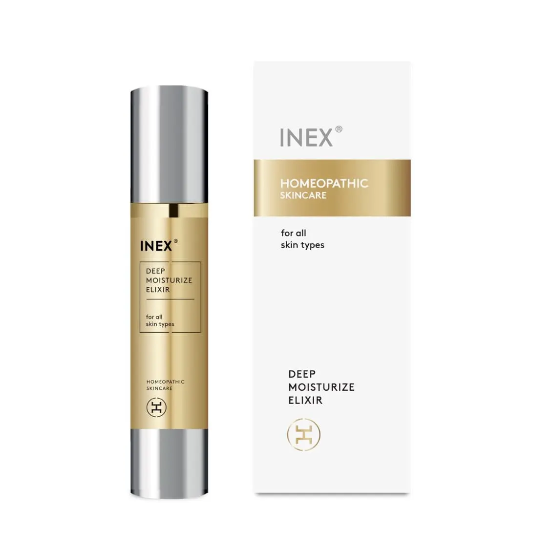 INEX Deep Moisturize Elixir gaiši pelēkajā sērijas iepakojumā